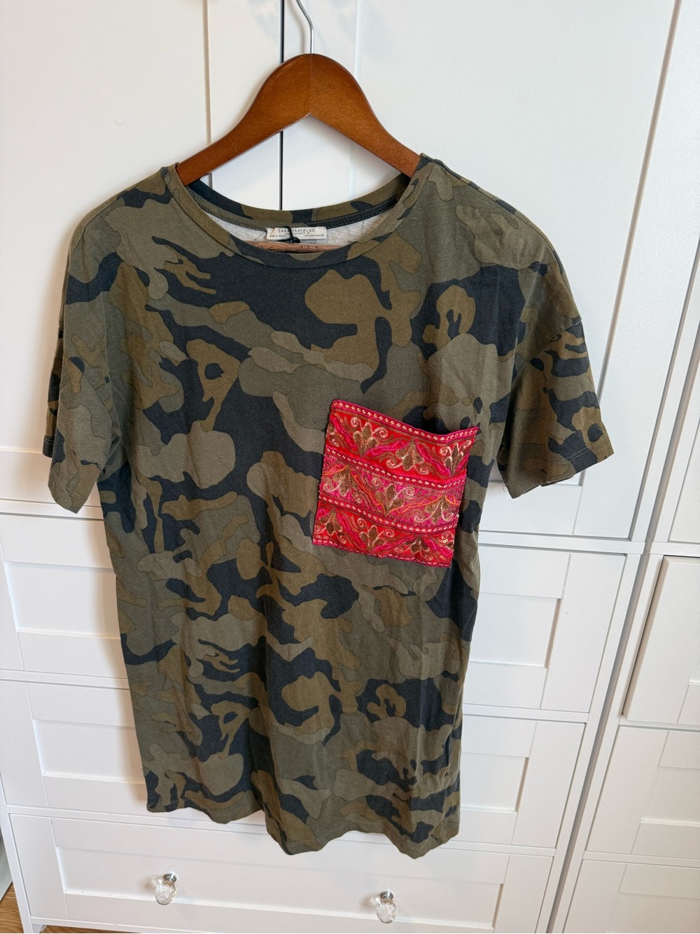 Zara Camo Mini Dress with Bright Red Embroidered Pocket
